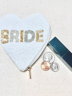 Mud Pie White Gold Beaded Bride Heart Shaped Change Purse Zippered Pouch